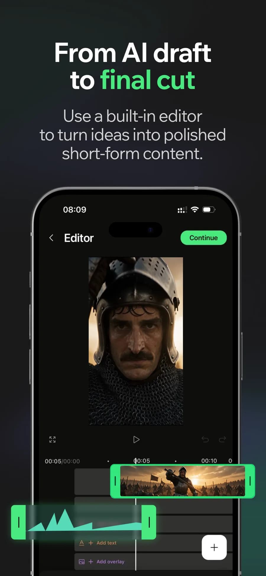 The Bunsy timeline editor: a clip and a voice track on the timeline, ready to trim