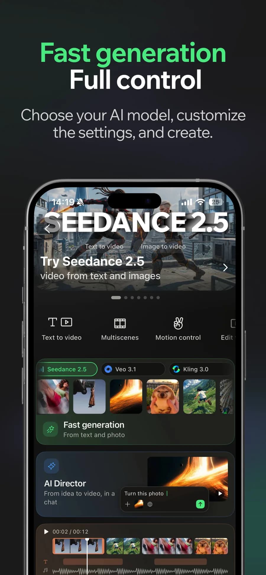 Generate: A prompt or a photo, any model in the catalogue — plus talking avatars, lip sync and dubbing with a voice you preview first.